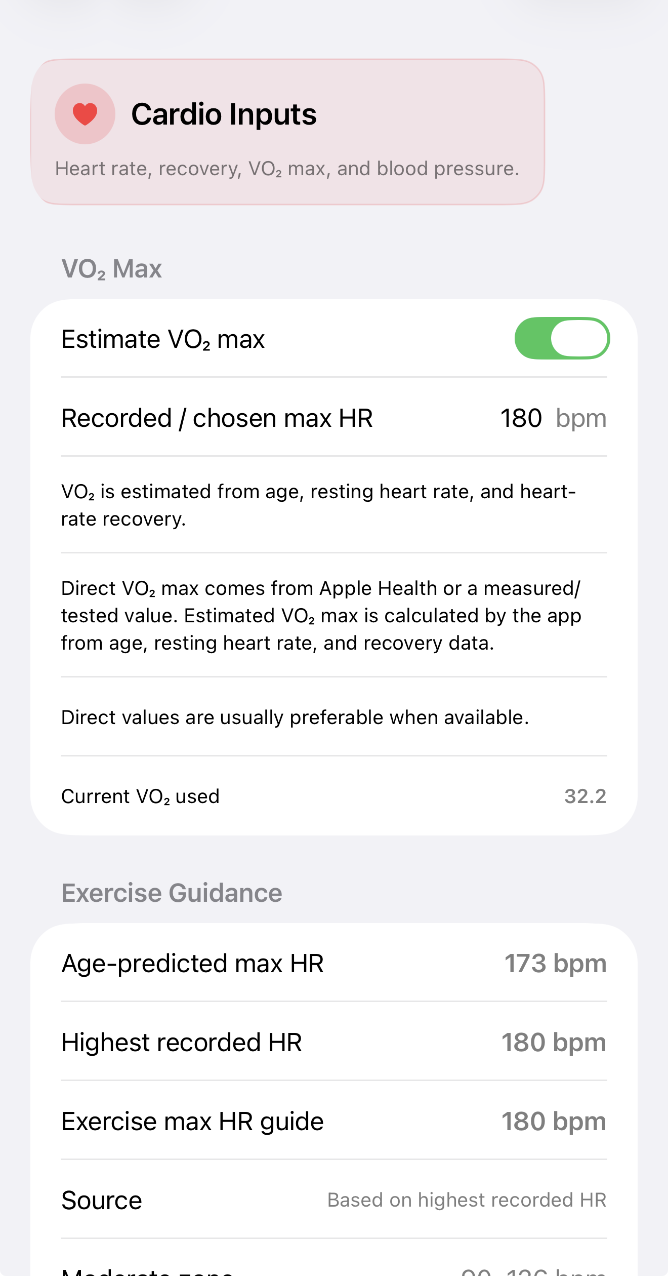 Cardio inputs screen